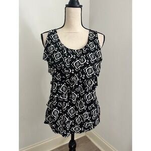 Ruffle Front Office Blouse Medium WHBM Black White Sleeveless Artsy Office Chic